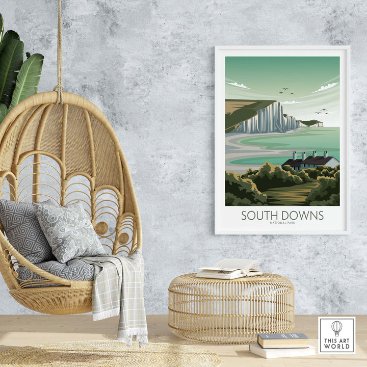 Stylish South Downs National Park art print displayed in a modern interior with a hanging chair.