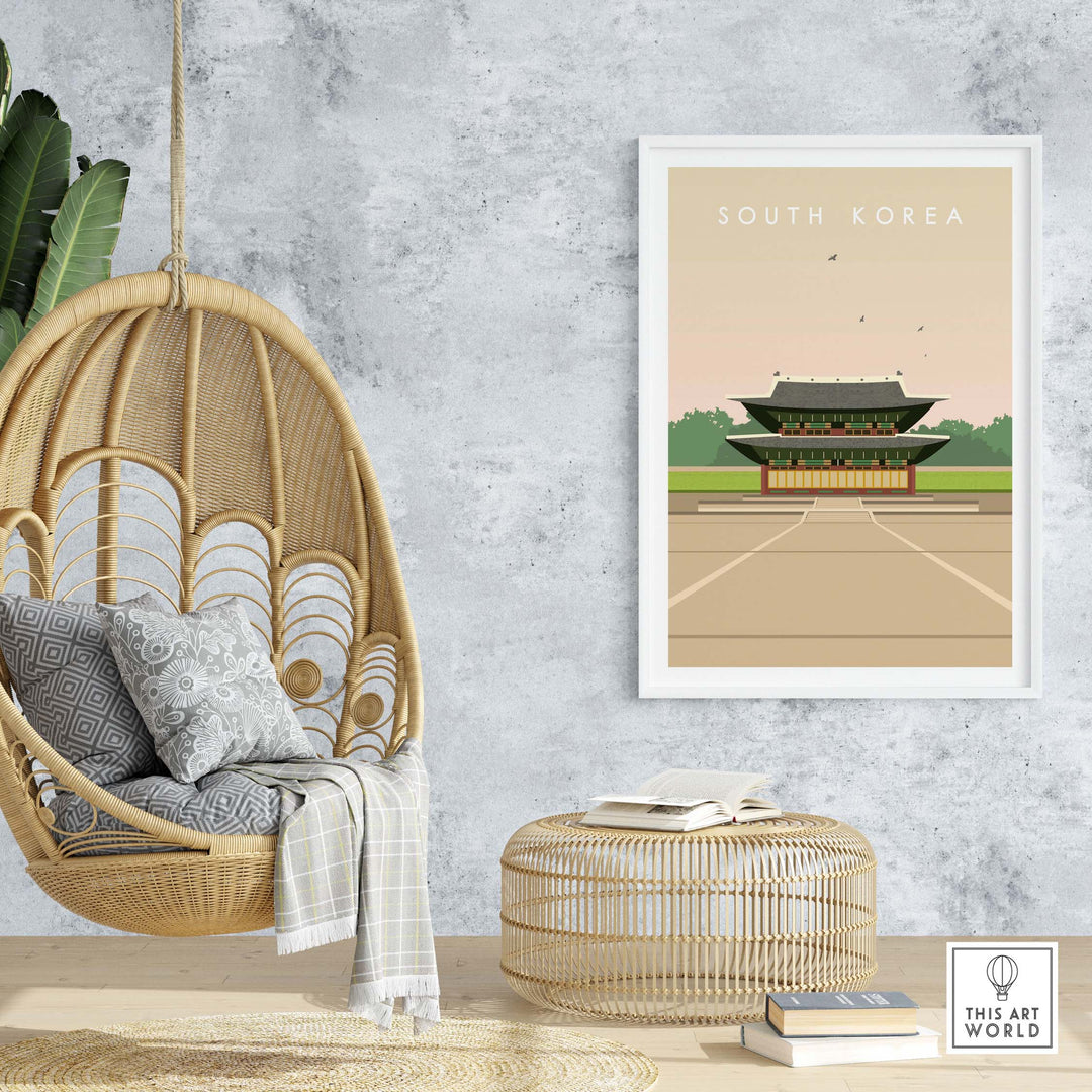 South Korea Poster Print featuring vintage style artwork in a modern living space with boho decor.