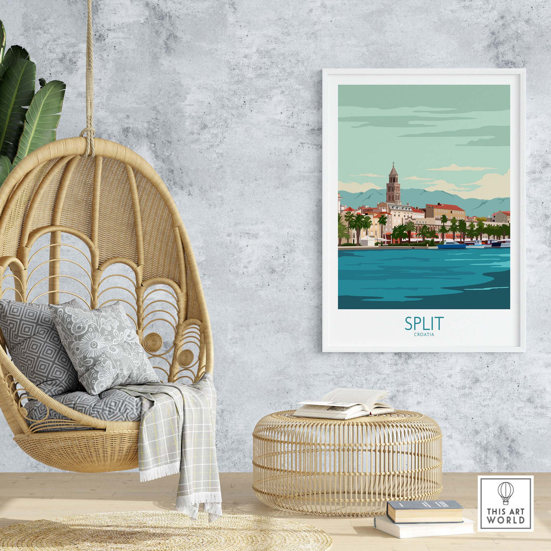 Stylish Split Croatia poster print displayed in a cozy interior setting with a hanging chair and natural decor.