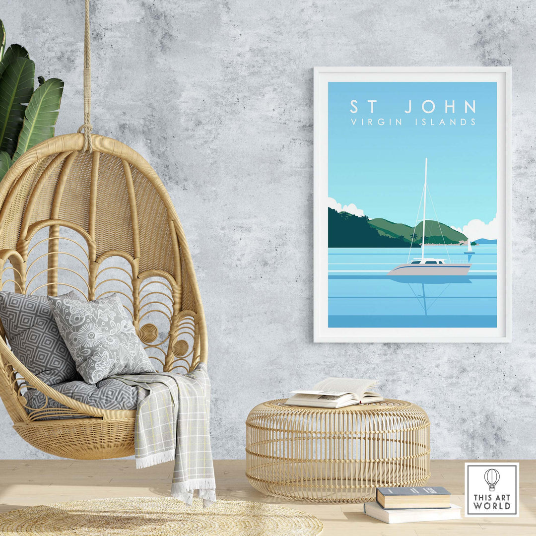 St John Virgin Islands travel poster in a modern home setting with a stylish hanging chair and decor.