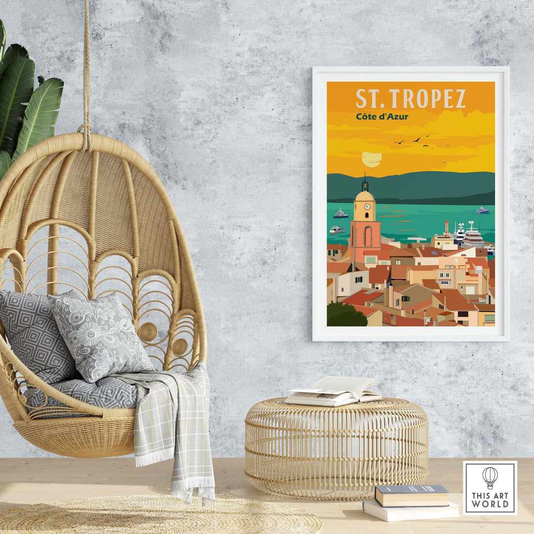St Tropez France vintage travel poster wall art in stylish home decor setting.