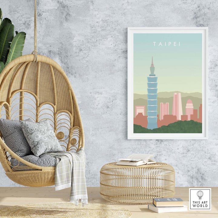 Taipei Poster Taiwan print displayed in a modern interior with a hanging chair and decor.