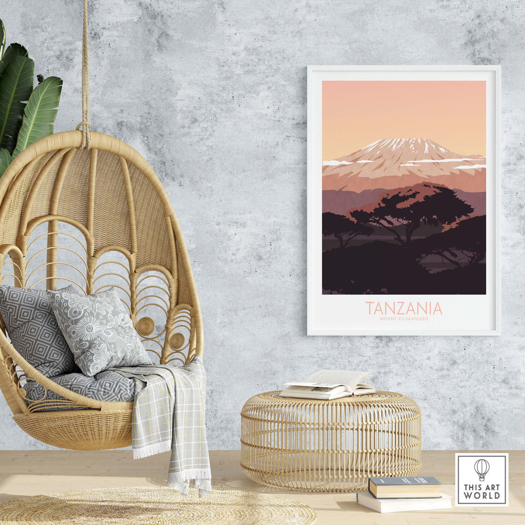 Kilimanjaro Print Tanzania Poster displayed in a stylish home interior with a hanging chair and natural decor.