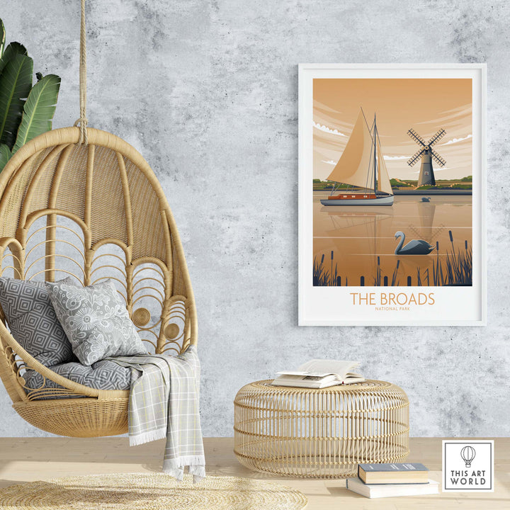 The Broads National Park art print displayed in a modern setting with a hanging chair and natural decor.