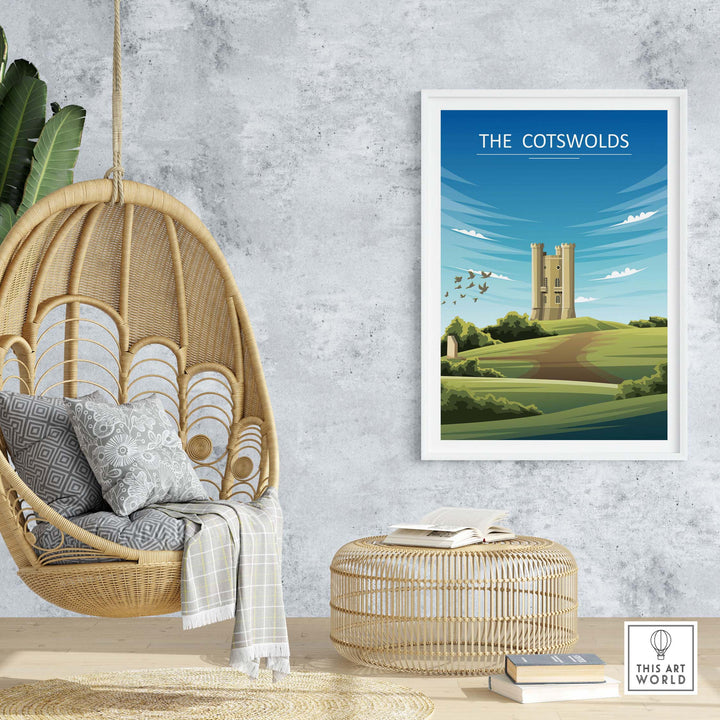 The Cotswolds poster displayed in a cozy room with hanging chair and stylish decor, showcasing minimalist travel art.