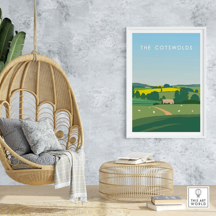The Cotswolds Poster Print displayed in a cozy interior with a hanging chair and modern decor.