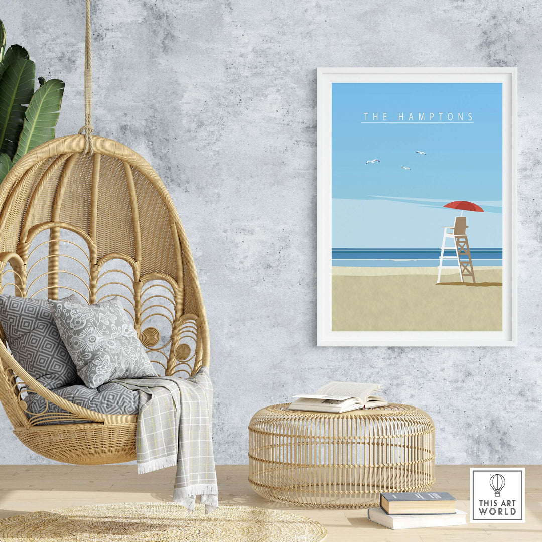 The Hamptons Print showcasing a beach scene with a lifeguard chair, ideal for stylish home or office decor.
