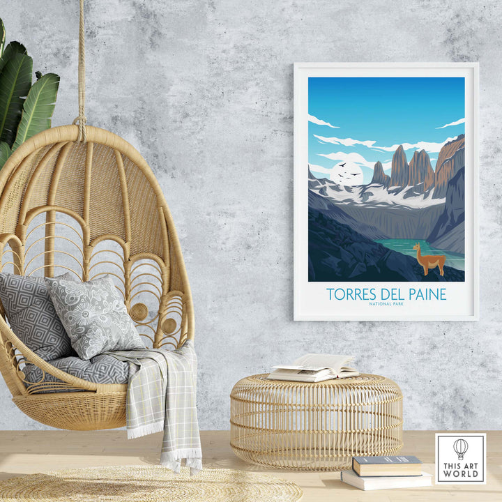 Torres del Paine Chile poster hanging on a wall in a stylish home setting with a hanging chair.