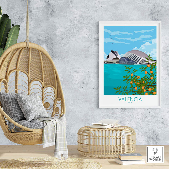 Valencia Poster Print featuring coastal scenery and orange trees in a stylish living room setting.