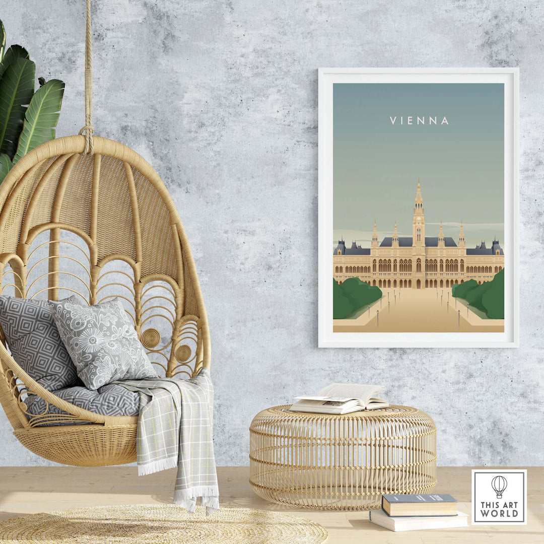 Vienna Wall Art Poster displayed in a modern setting featuring a hanging chair and decorative elements.