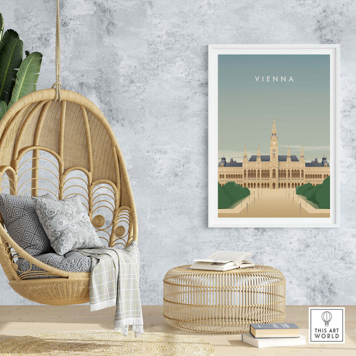 Vienna Wall Art Poster displayed in a modern setting featuring a hanging chair and decorative elements.