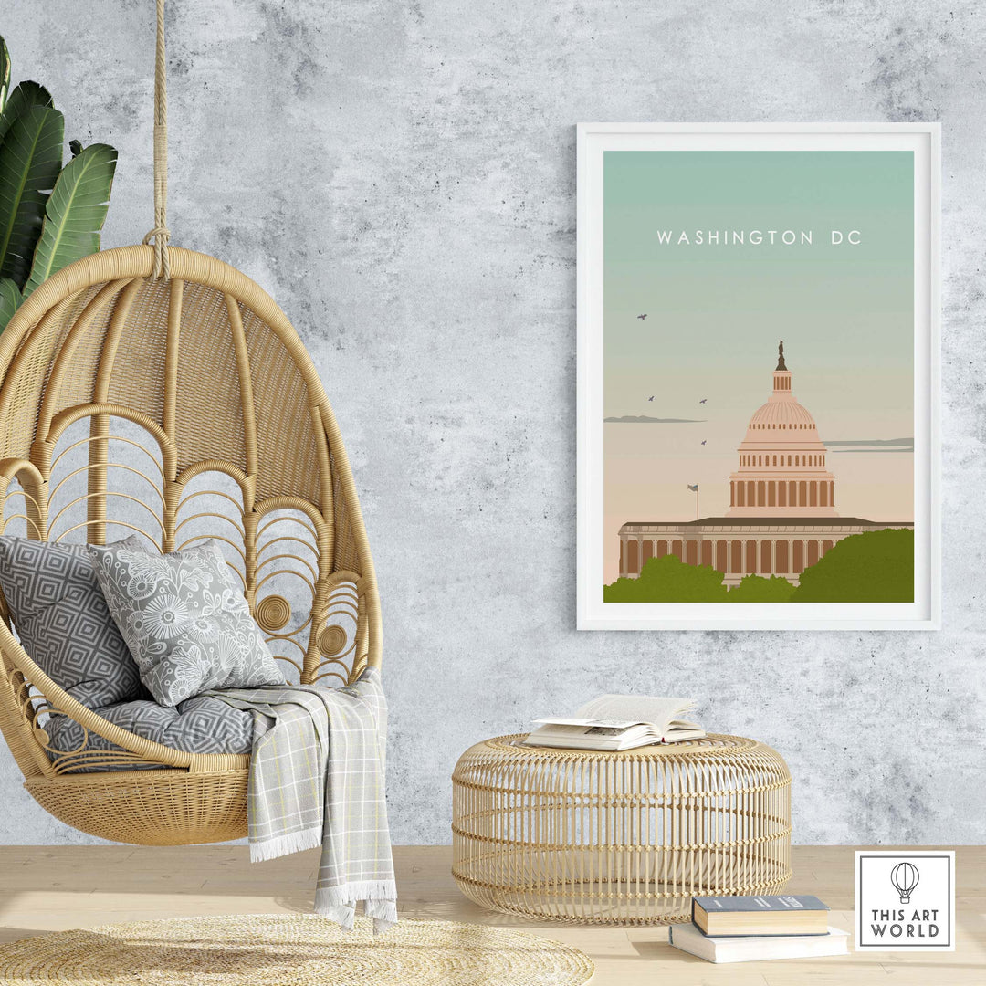 Washington DC Poster Print featuring the Capitol building, stylish wall art for home or office decor.