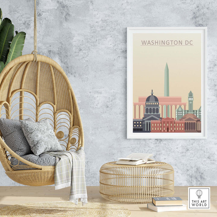 Washington DC skyline poster wall art print displayed in a stylish interior with a hanging chair and wicker table.