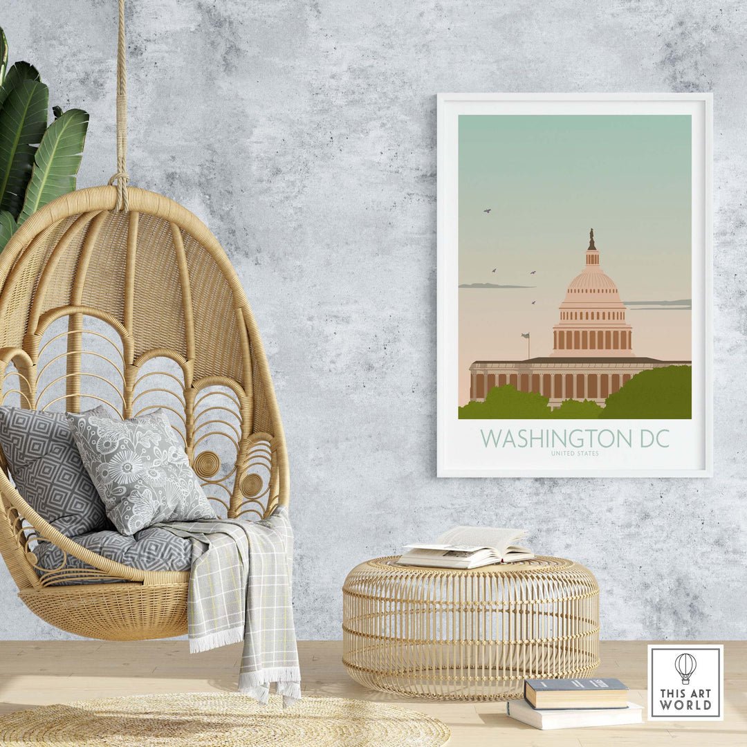 Washington DC wall art print displayed in a modern living space with a hanging chair and stylish decor.