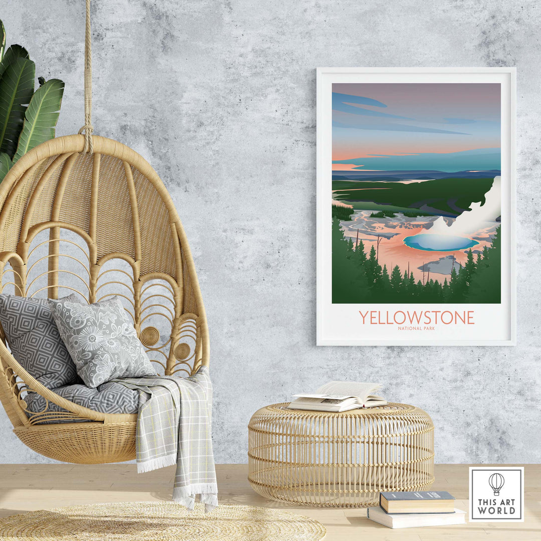 Yellowstone National Park art print displayed in a cozy living room with hanging chair and decorative elements.