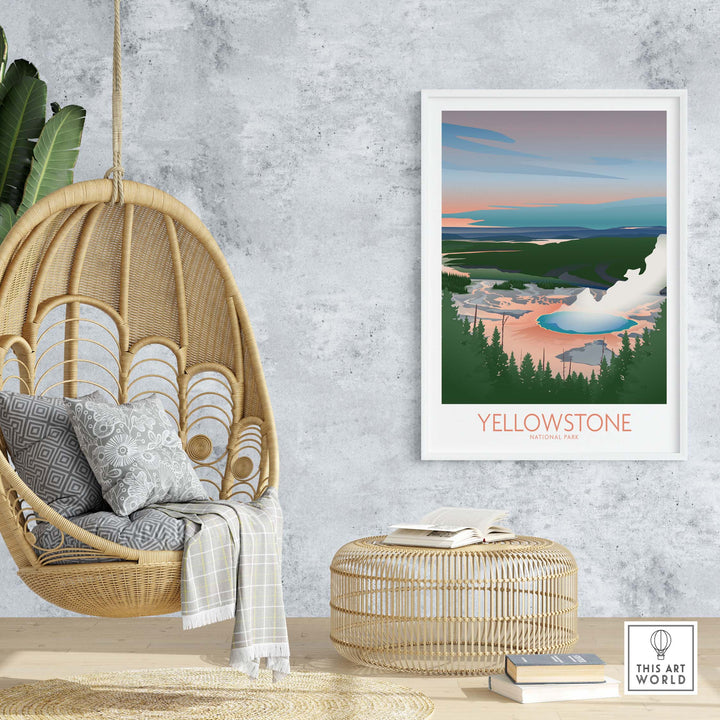 Yellowstone National Park art print displayed in a cozy living room with hanging chair and decorative elements.