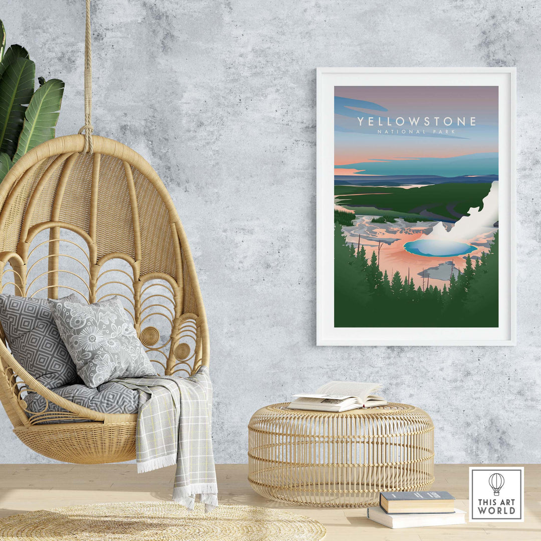 Vintage Yellowstone National Park art print featuring Old Faithful, displayed in a stylish home setting.