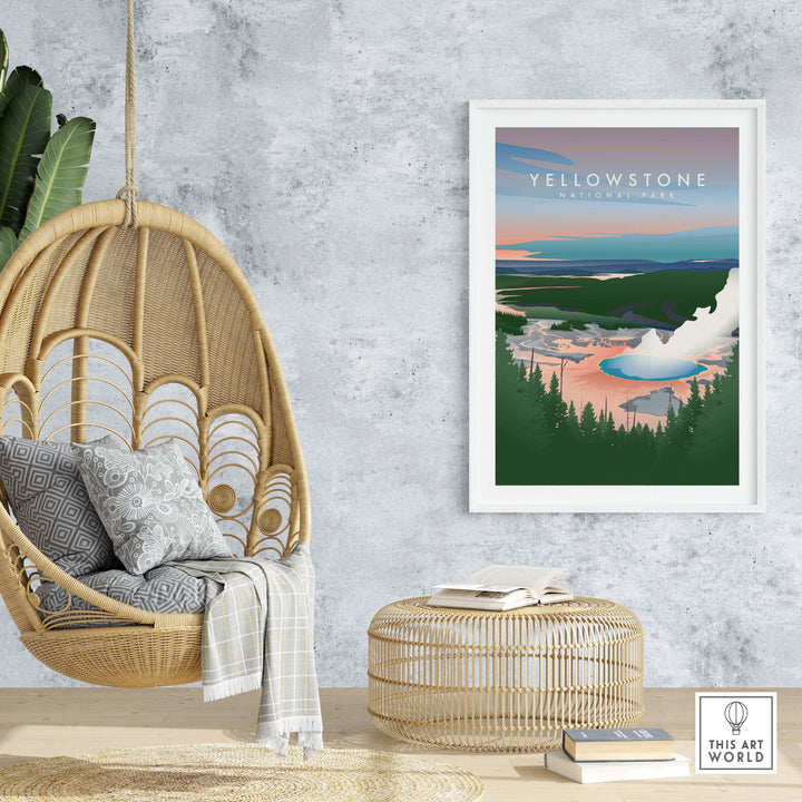 Vintage Yellowstone National Park art print featuring Old Faithful, displayed in a stylish home setting.