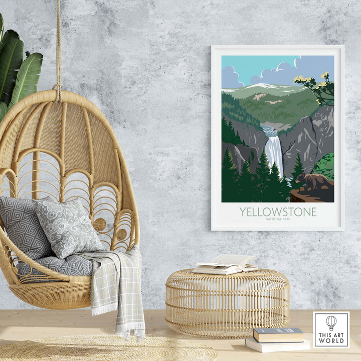 Yellowstone poster print featuring a waterfall in a vintage National Park style, framed in a cozy home setting.