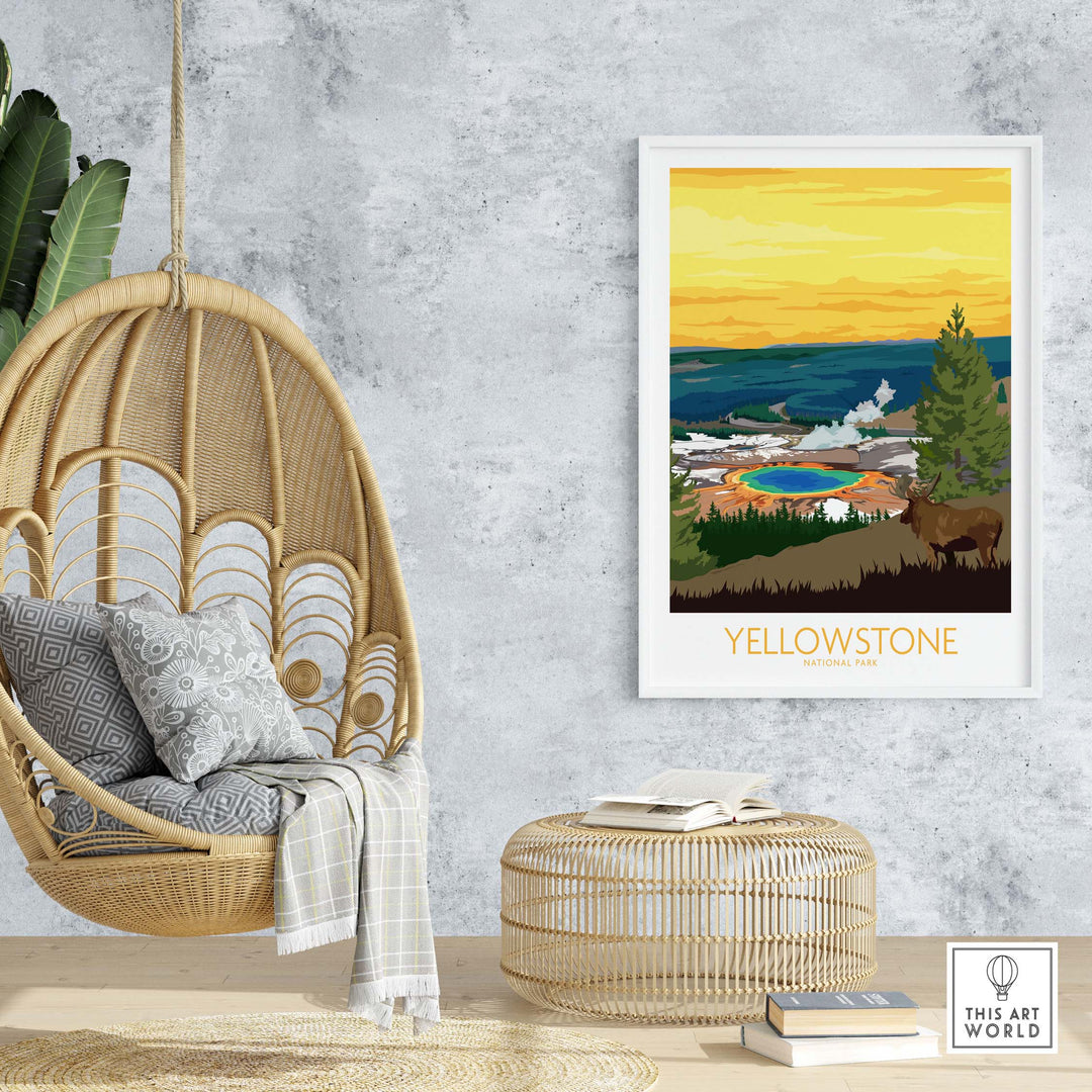 Yellowstone Park Print Poster displayed in a stylish interior, featuring vibrant colors and showcasing the beauty of nature.
