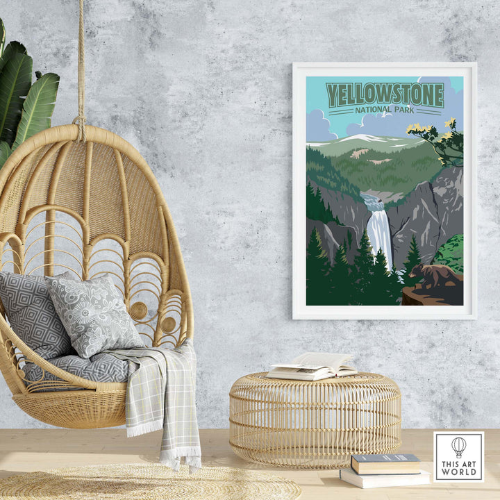 Framed Yellowstone National Park print in a modern living space, showcasing vintage art and nature's beauty.