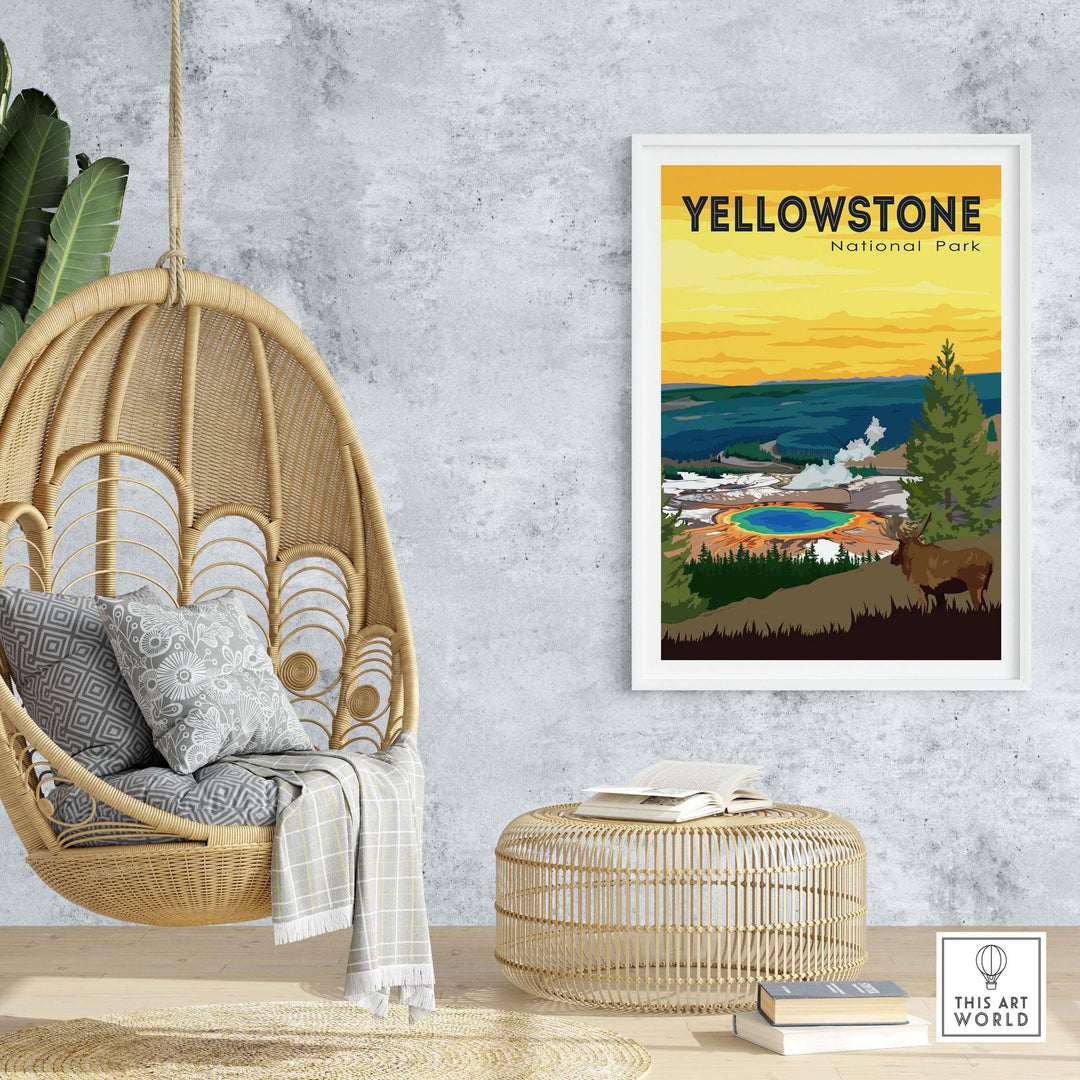 Vintage Yellowstone National Park poster print in a cozy indoor setting with a hanging chair and natural decor.