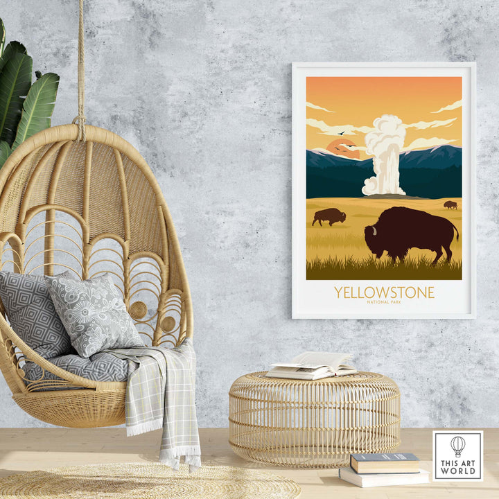 Yellowstone wall art poster featuring bison and geysers, perfect for home or office decor inspired by nature.