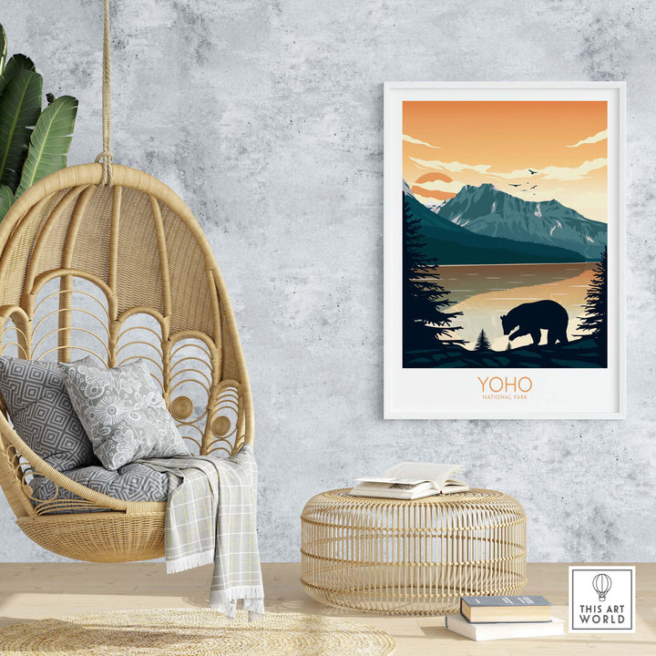 Yoho National Park poster featuring a bear, mountains, and nature, displayed in a stylish home setting.