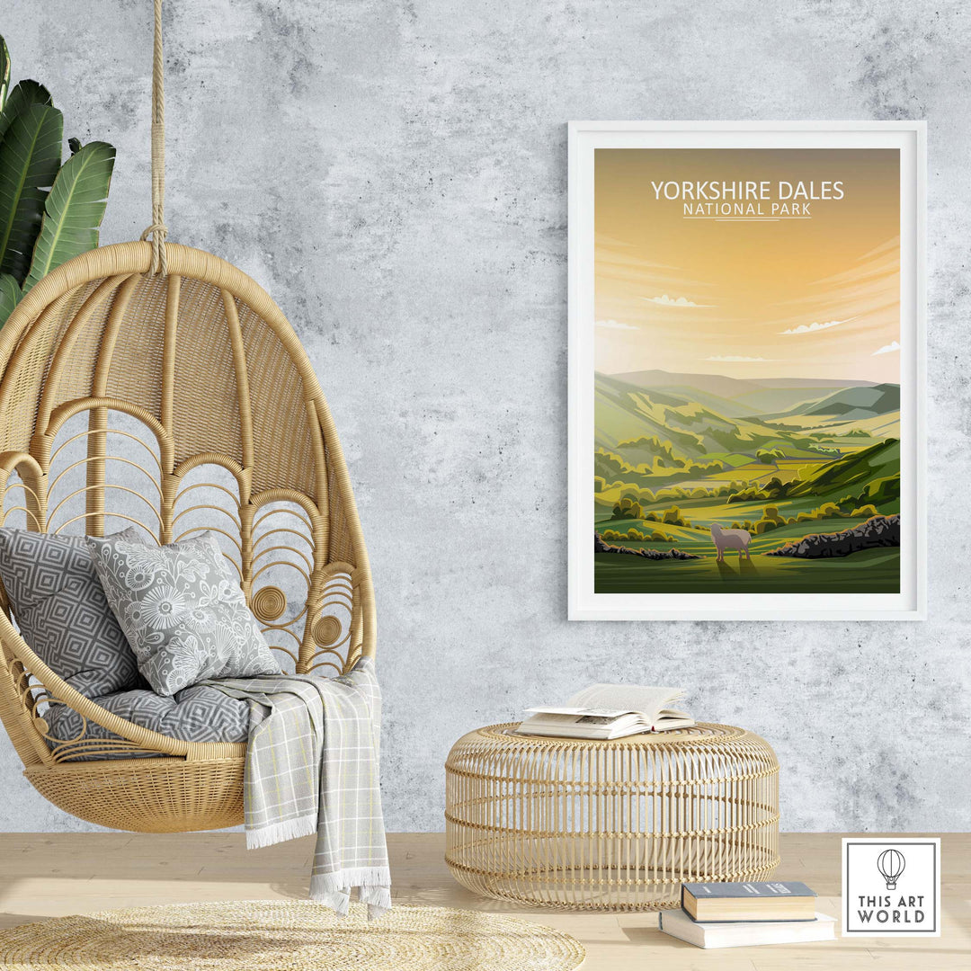 Yorkshire Dales National Park poster displayed in a stylish interior setting with hanging chair and decorative elements.