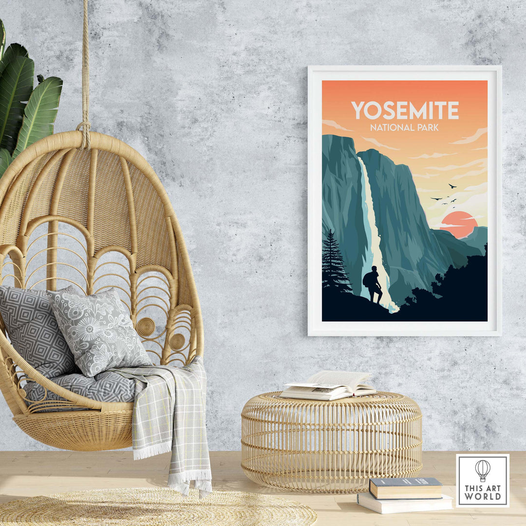 Yosemite National Park poster artwork displayed in a stylish indoor setting with hanging chair and natural decor.