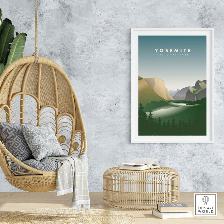 Yosemite National Park art poster framed in a cozy living space with a hanging chair and natural decor elements.