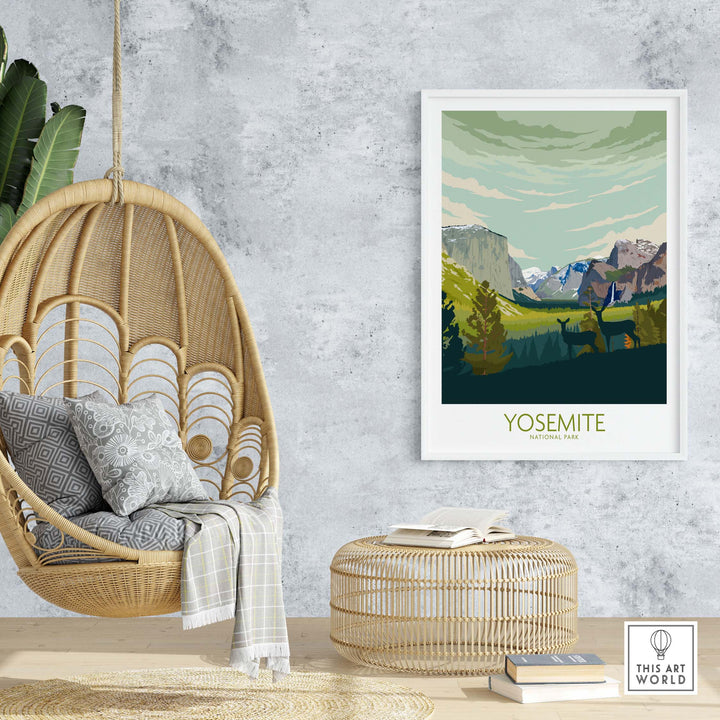 Yosemite National Park print poster displayed in a stylish living space with a hanging chair and natural decor.
