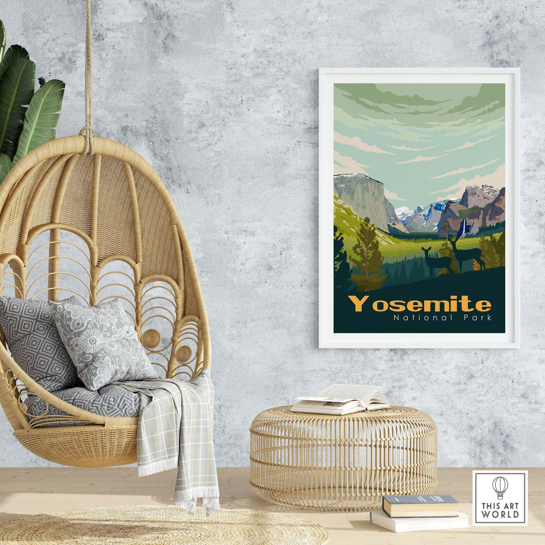 Yosemite National Park poster framed, displayed in a cozy home setting with a hanging chair and natural decor elements.