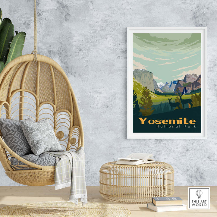 Yosemite National Park poster framed, displayed in a cozy home setting with a hanging chair and natural decor elements.