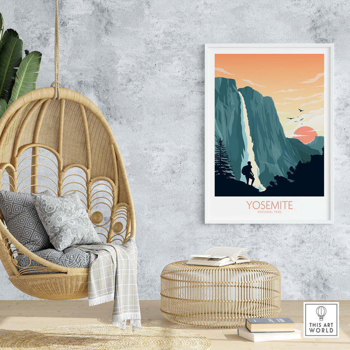 Yosemite National Park art print in a stylish living room setting featuring a hanging chair and woven furniture.