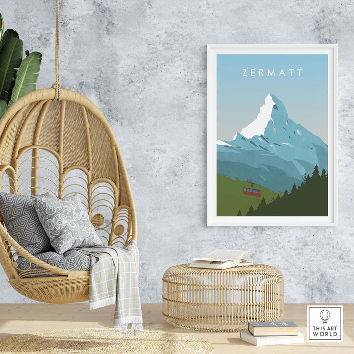 Zermatt Print Wall Art Poster showcasing mountains and vintage travel vibes in a stylish interior.