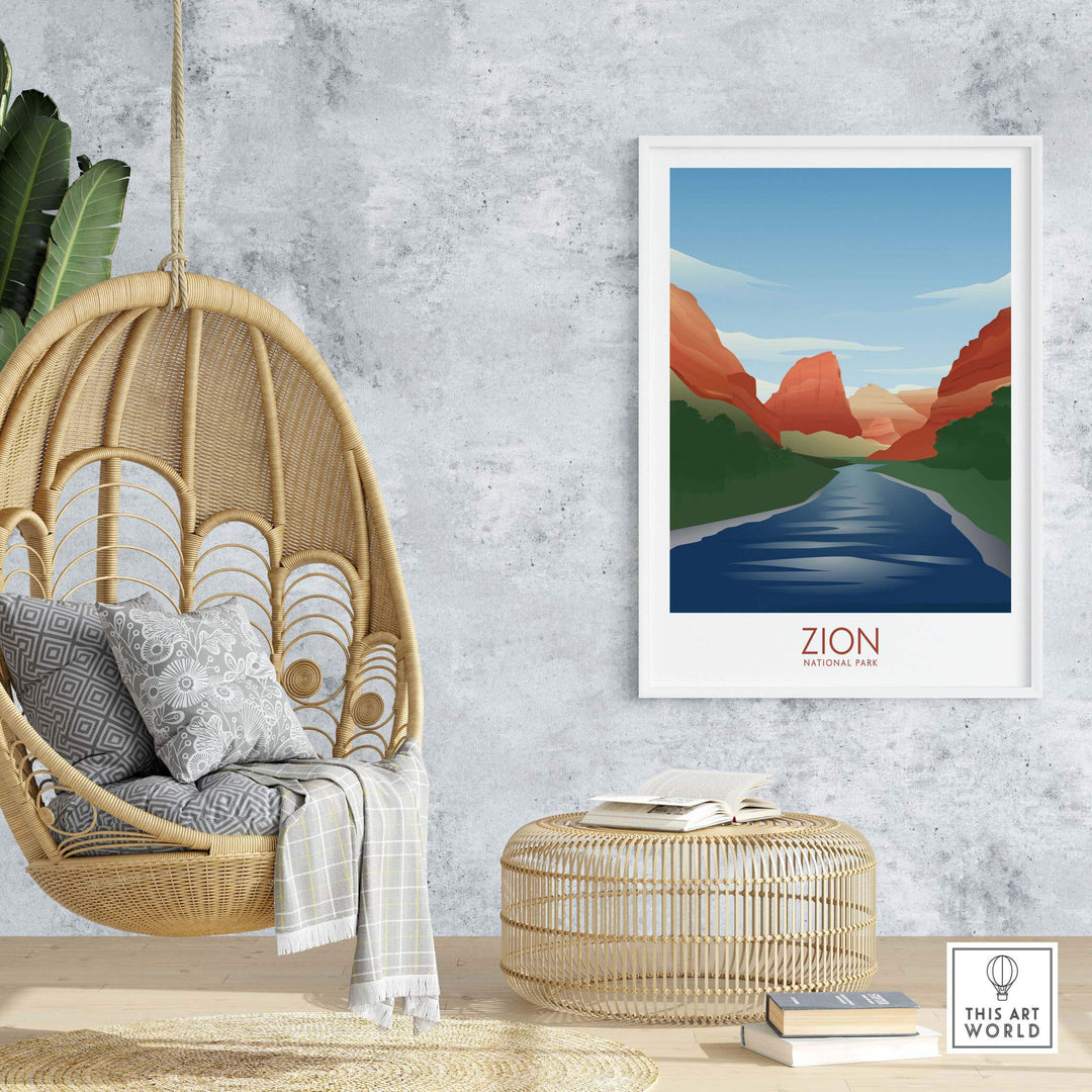 Zion National Park Art Print in a modern living space, framed, showcasing minimalist nature design.