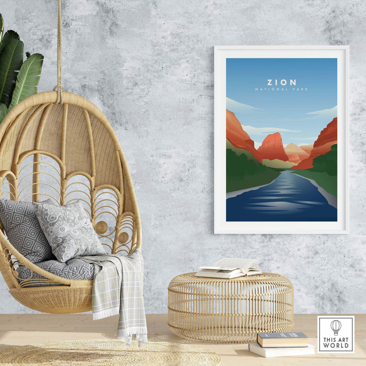 Zion National Park vintage travel poster framed in a stylish interior featuring a hanging chair and decorative items.