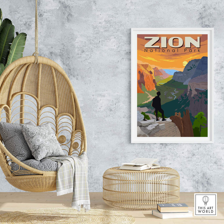 Zion National Park poster artwork in a stylish living room with a hanging chair and decorative accessories.