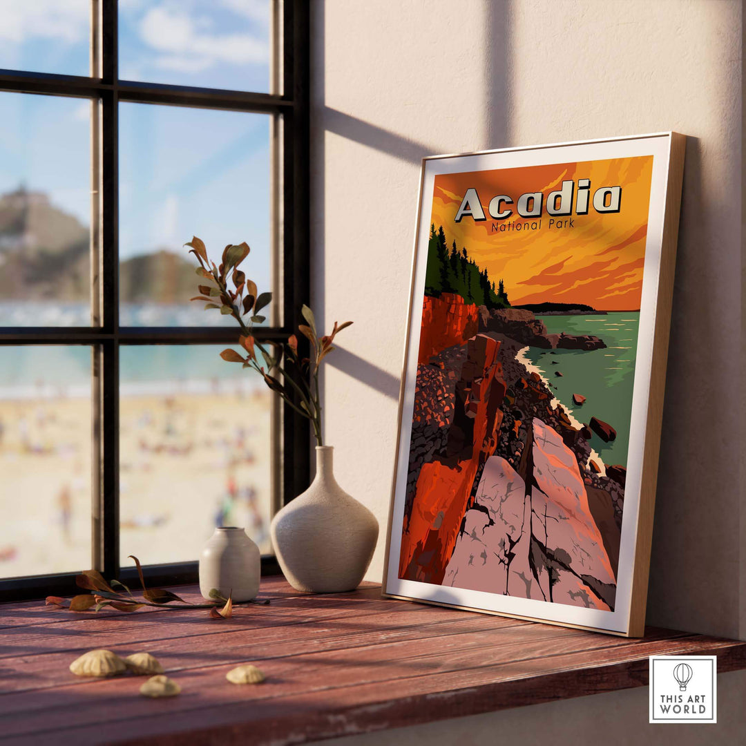 Acadia National Park Print displayed indoors, showcasing vibrant colors and vintage-inspired design for wall art.