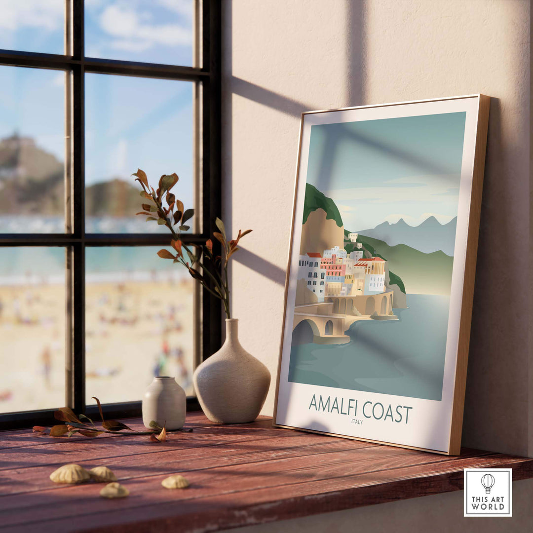 Amalfi Coast wall art print displayed in a stylish interior setting, capturing wanderlust and vintage aesthetic.