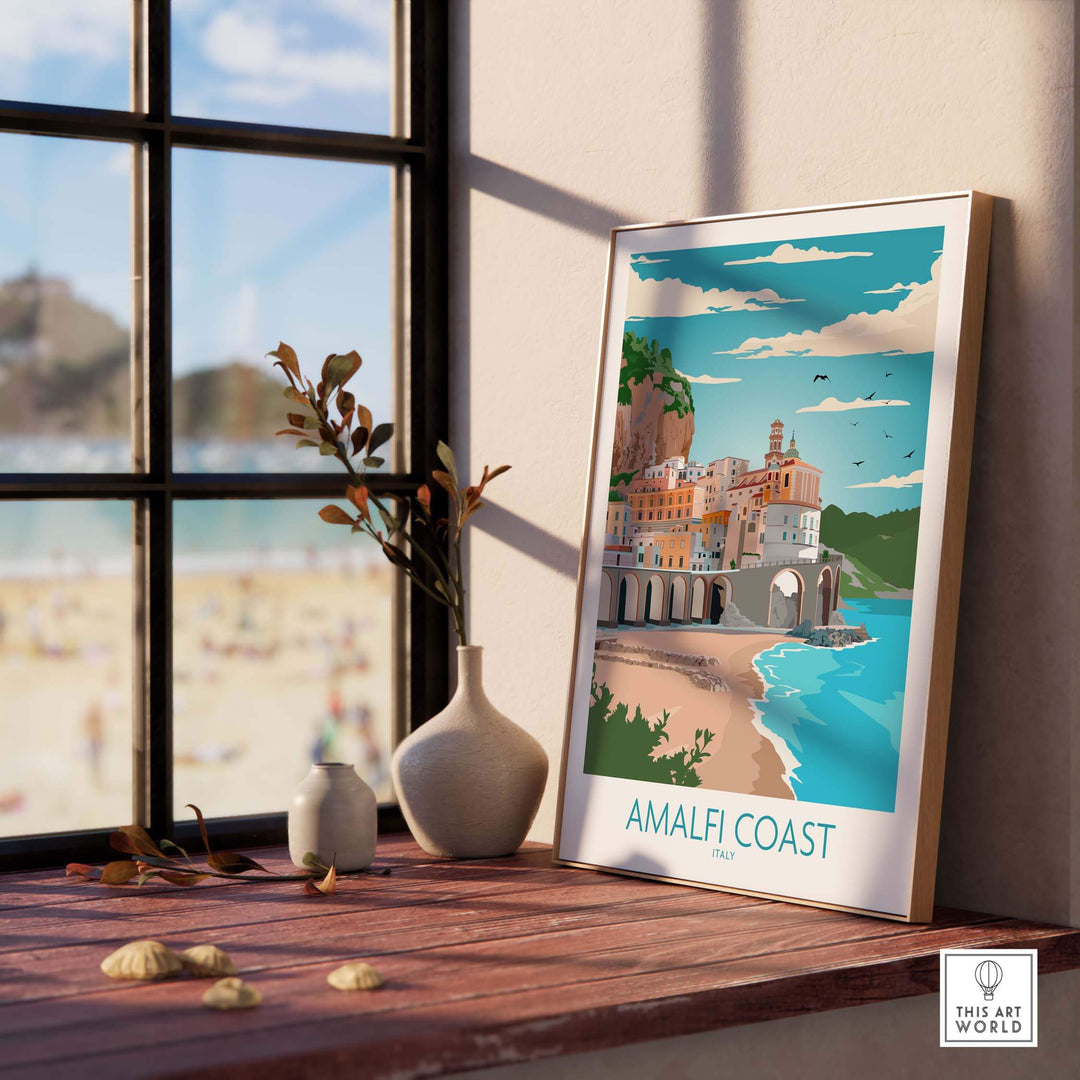 Framed Amalfi Coast poster showcasing vibrant coastal scenery, perfect for stylish home or office decor.