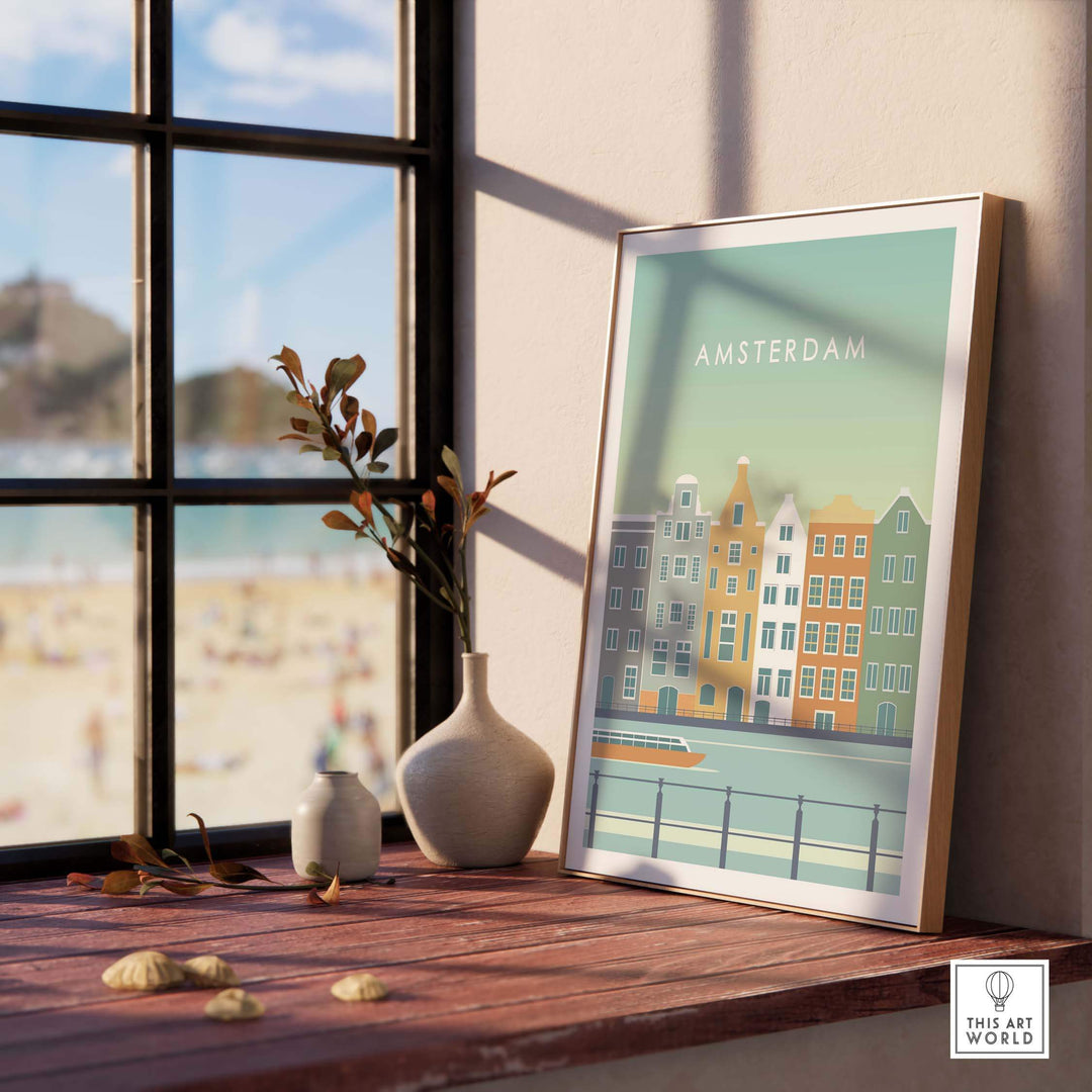 Amsterdam print wall art poster featuring colorful canal houses near a window with a beach view.