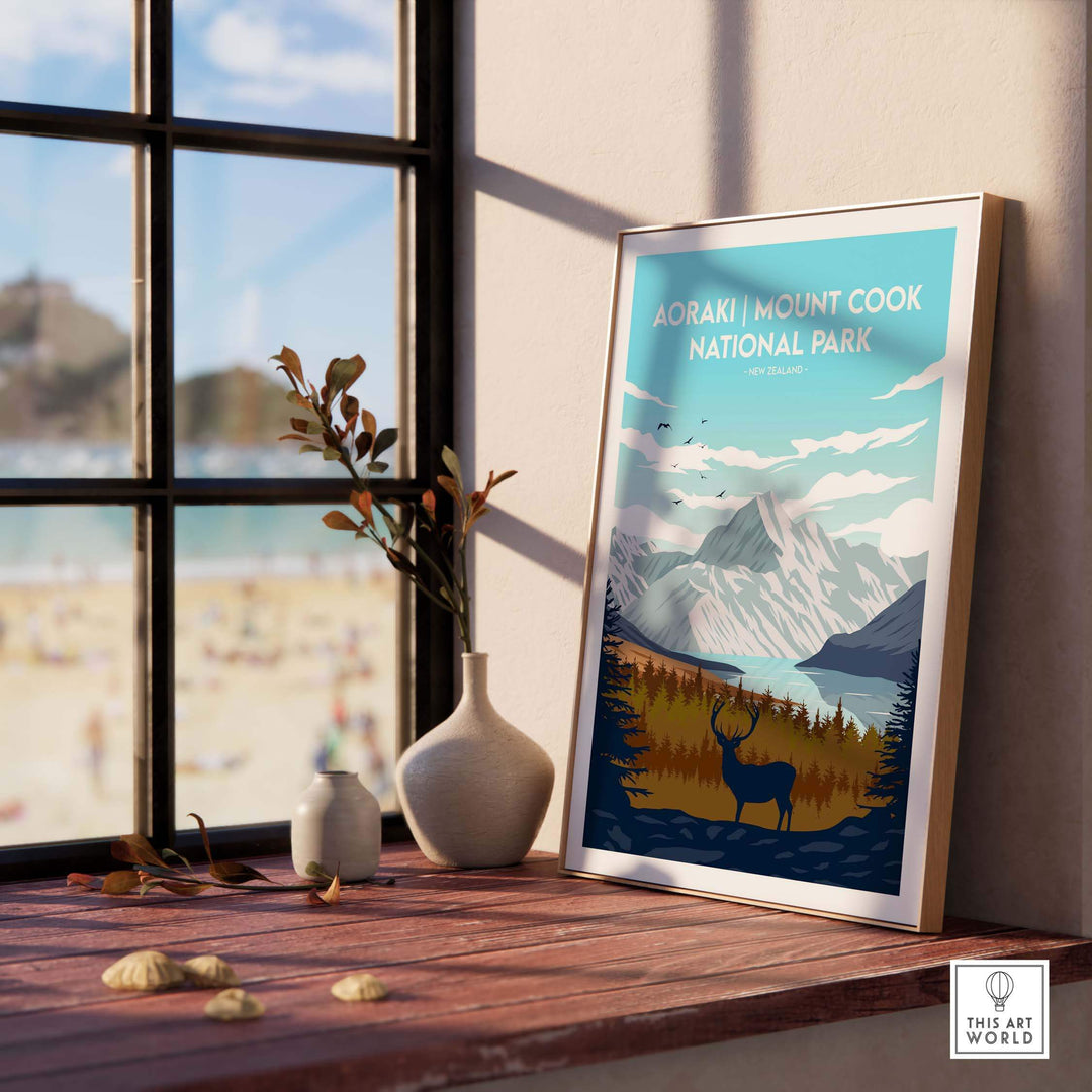 Framed Aoraki Mount Cook National Park print displayed indoors with a scenic view of mountains and nature.