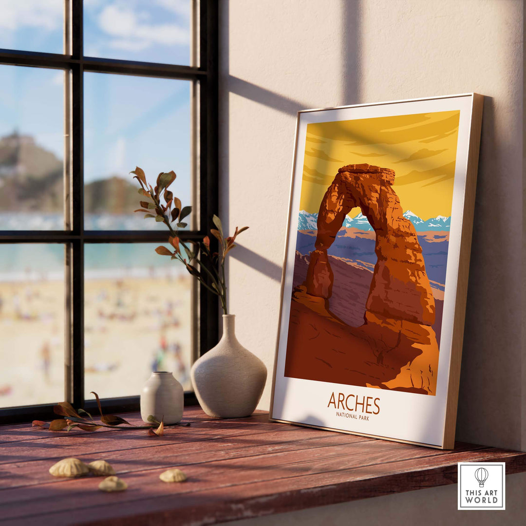 Arches National Park poster print displayed on a shelf, showcasing vintage travel art and a scenic outdoor view.