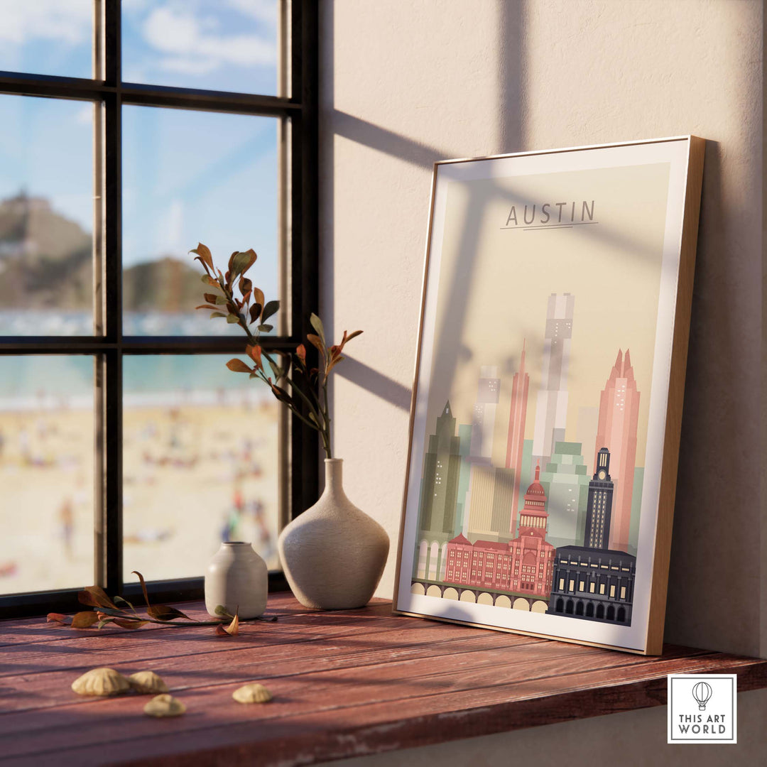 Austin Texas skyline wall art print displayed indoors with pastel tones and decorative vase.