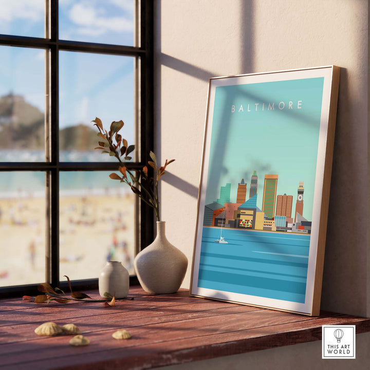 Baltimore Maryland Print displayed in a bright room, featuring a minimalist design inspired by vintage travel posters.