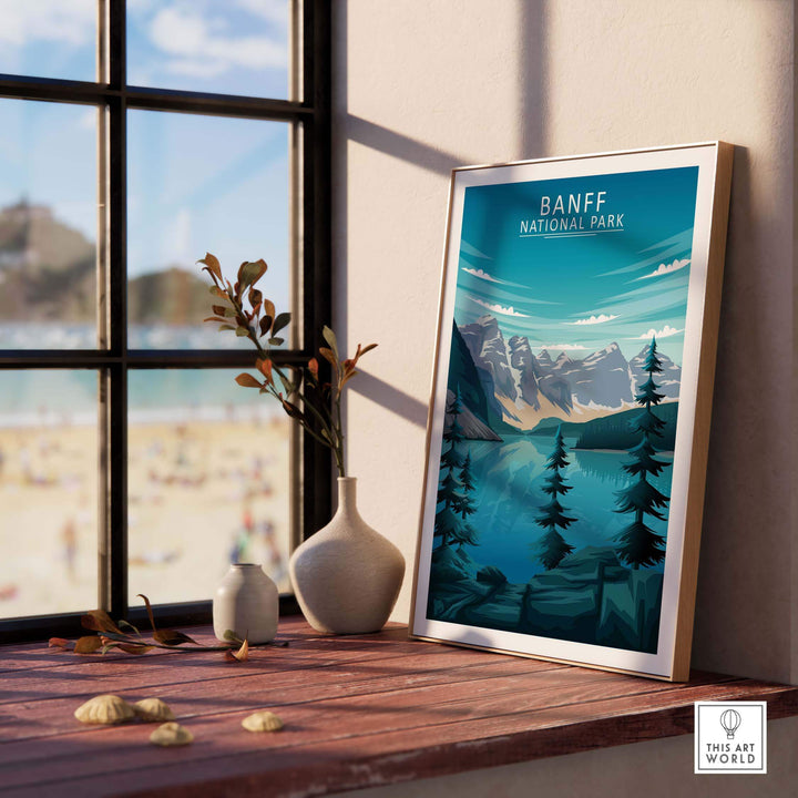 Banff Print Canada National Park framed artwork in a stylish indoor setting with a window view.
