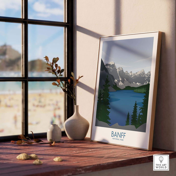 Banff National Park art print displayed in a cozy interior with a scenic lake and mountains.