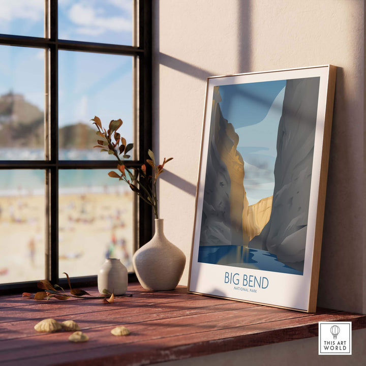Stylish Big Bend National Park art print displayed in a cozy home setting, highlighting nature and travel inspiration.